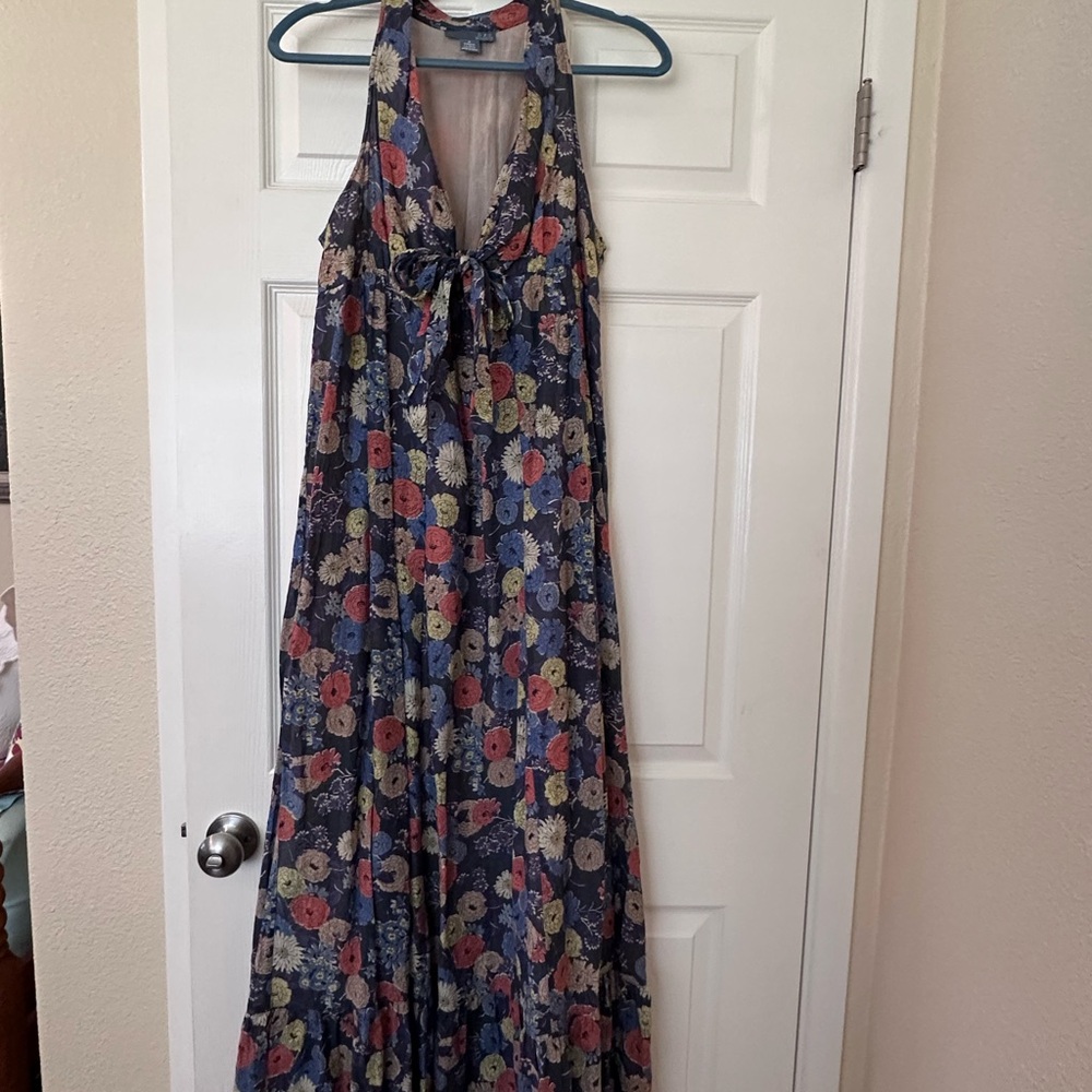 Anthropologie Navy Halter Maxi Dress with Multicolor Floral Print